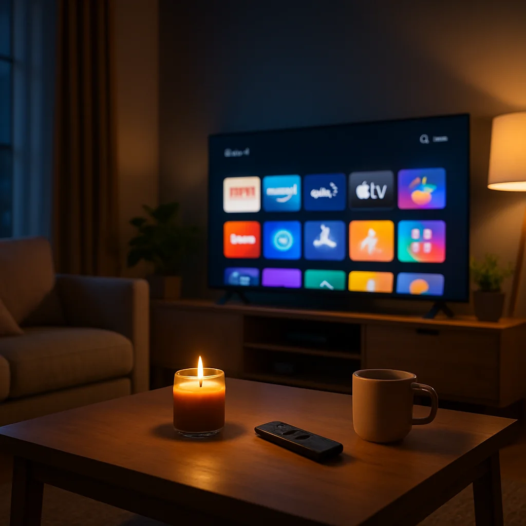 Cord cutting candles concept showing a lit candle next to a smart TV streaming setup