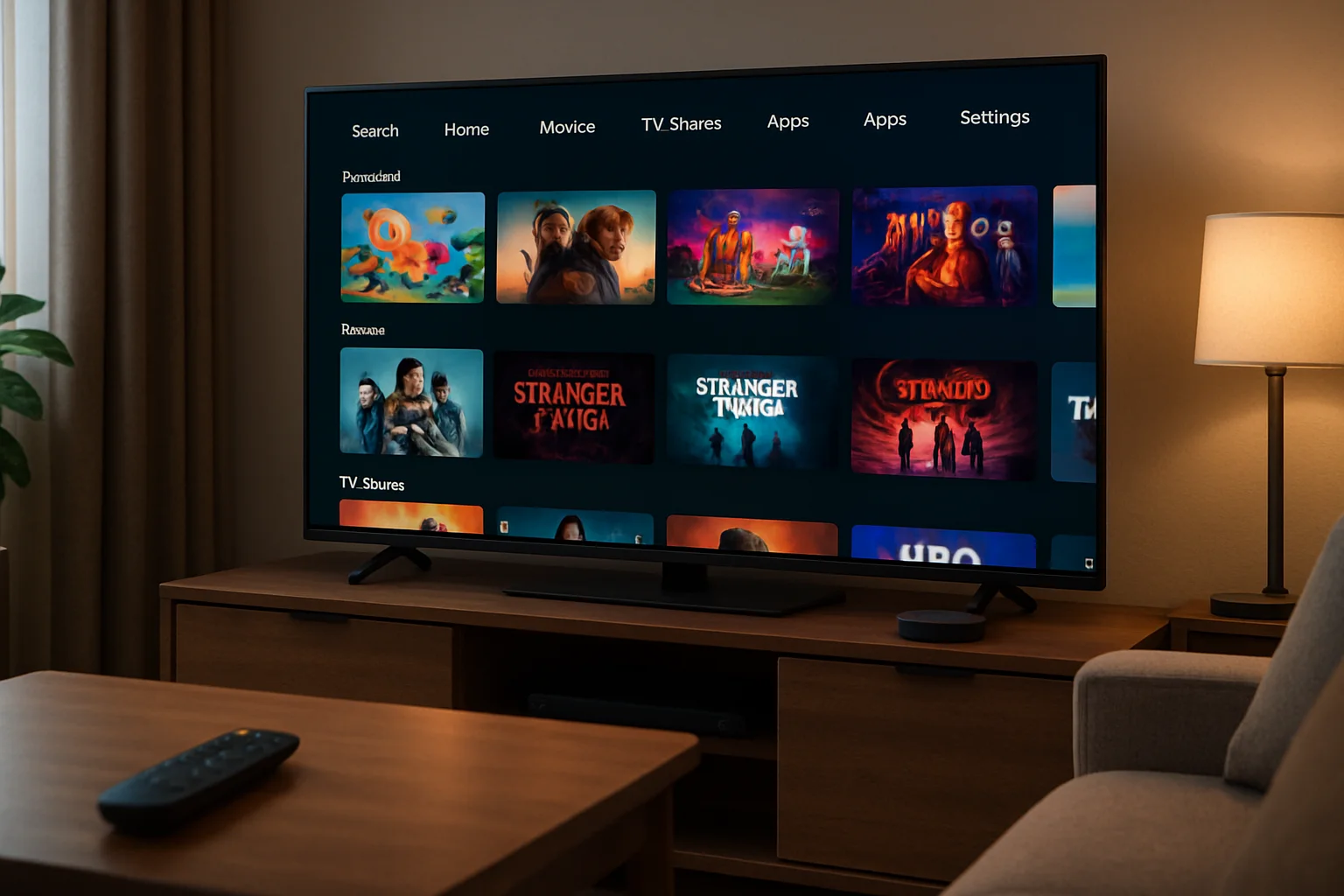 IPTV Player streaming on a smart TV An IPTV player streaming live content on a smart TV in a modern living room