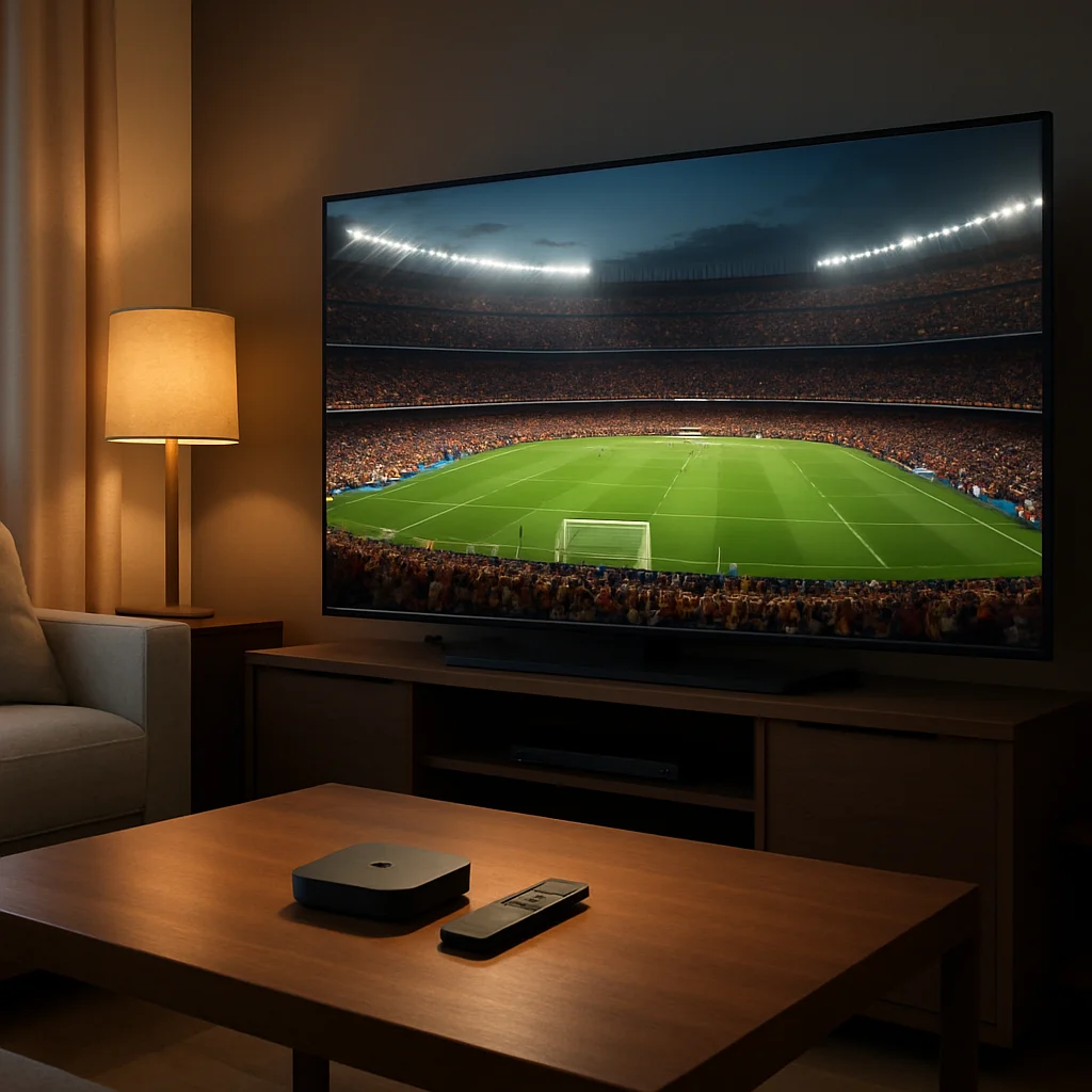 LaLiga live streaming IPTV guide 2026 on a home smart TV setup LaLiga live streaming IPTV guide 2026 shown on a smart TV with a football match playing